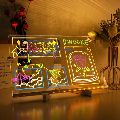 2025 LED Note Board with 7 Colors Pen,Magic Note Board Glowing Acrylic Message Marker Board with Light,Led Illuminated Drawing Board Light up Dry Erase Board with Stand for Office School Home 8 * 8In