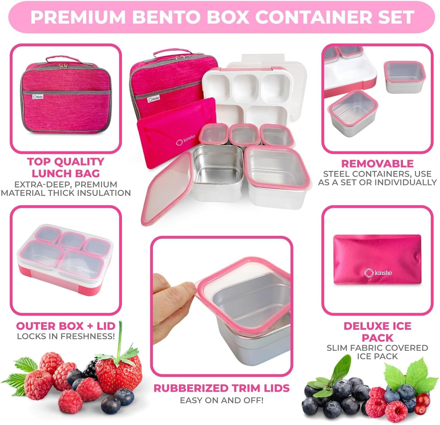 Stainless Steel Bento Lunch Box Set for Adults, Kids - Insulated Bag and Ice Pack - Leak-Proof Metal Compartment Meal Prep Food & Snack Containers for Work Travel School Daycare, 34 Oz Pink