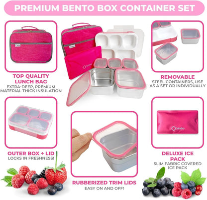 Stainless Steel Bento Lunch Box Set for Adults, Kids - Insulated Bag and Ice Pack - Leak-Proof Metal Compartment Meal Prep Food & Snack Containers for Work Travel School Daycare, 34 Oz Pink