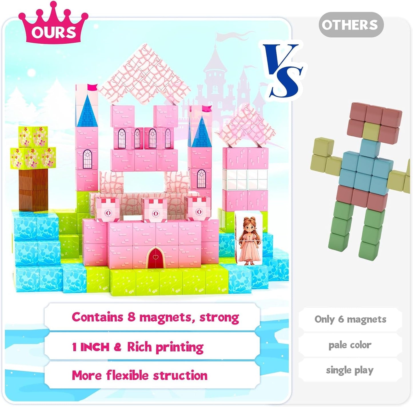 64 Pcs Magnetic Blocks-Princess Castle Collection World,Magnetic Building Blocks for 3+ Year Old Boys & Girls, Creative STEM Sensory Toys,Christmas Birthday Gifts for Kids Ages 3-8