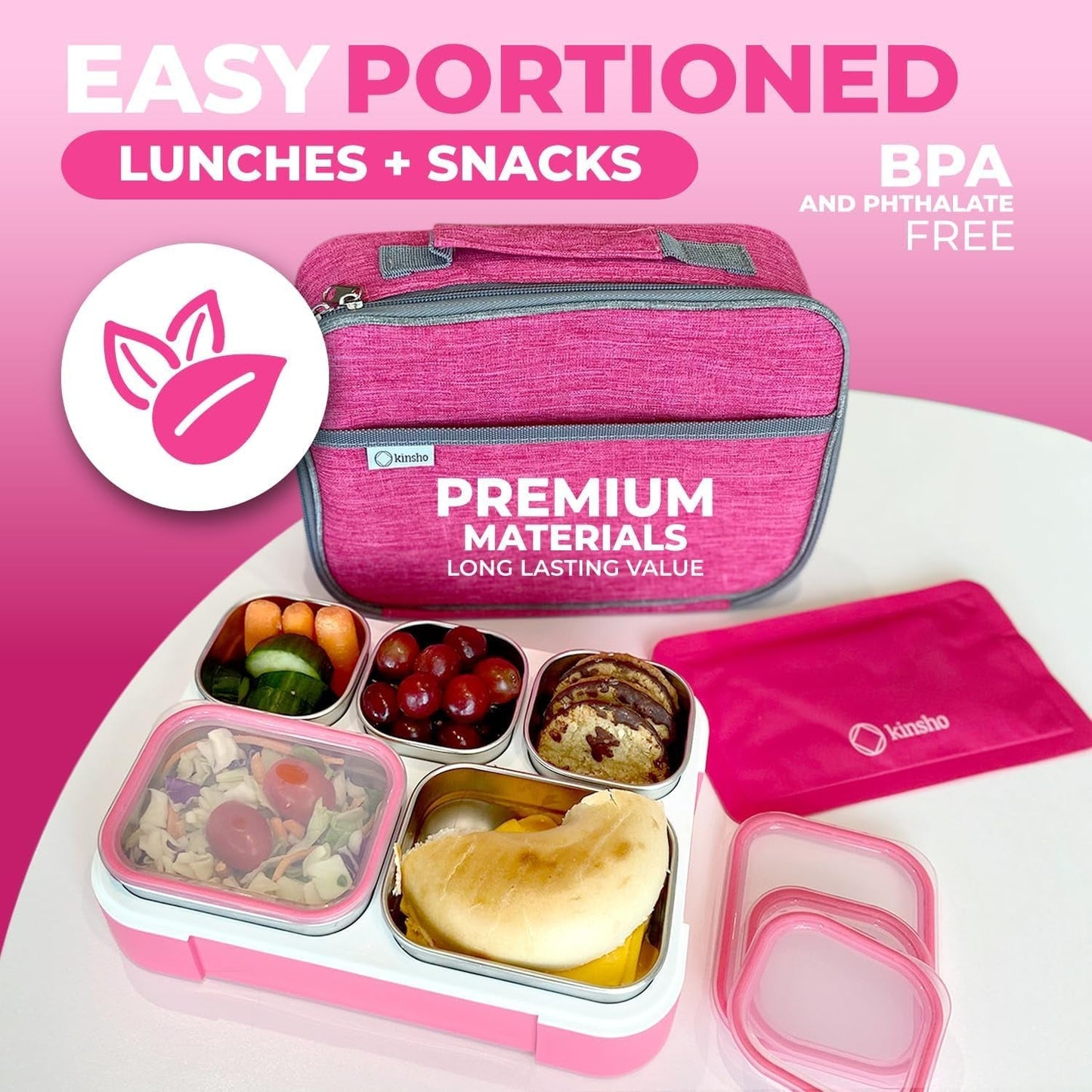 Stainless Steel Bento Lunch Box Set for Adults, Kids - Insulated Bag and Ice Pack - Leak-Proof Metal Compartment Meal Prep Food & Snack Containers for Work Travel School Daycare, 34 Oz Pink